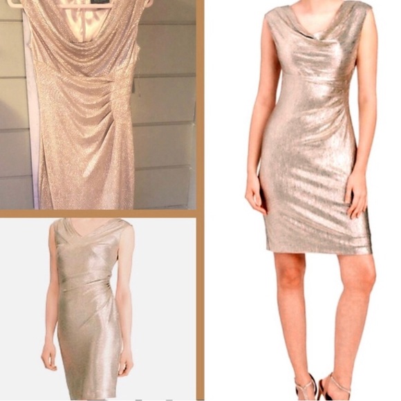 Lauren Ralph metallic white gold ruched & draped Neck Holiday Dress NEW RE$299 S - Picture 3 of 15